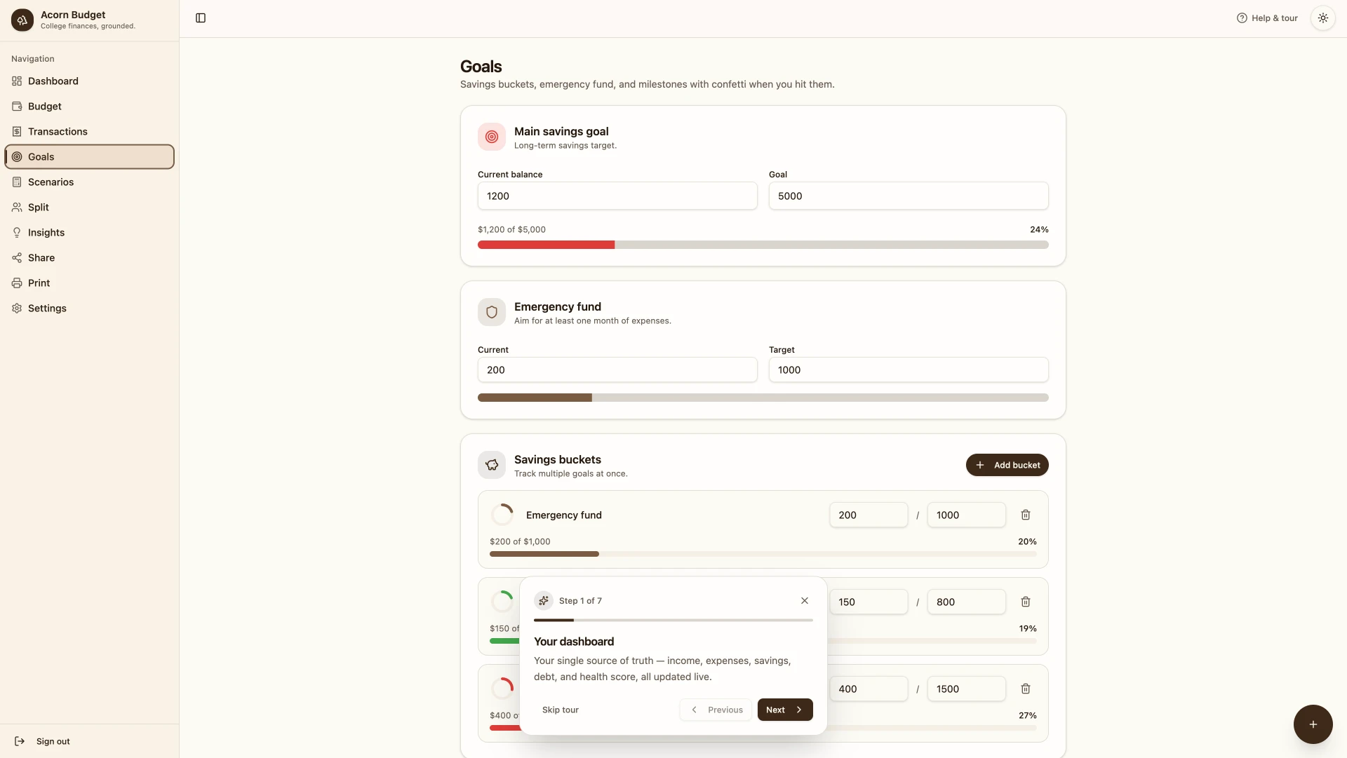 Acorn Budget goals screen designed by Revitalized