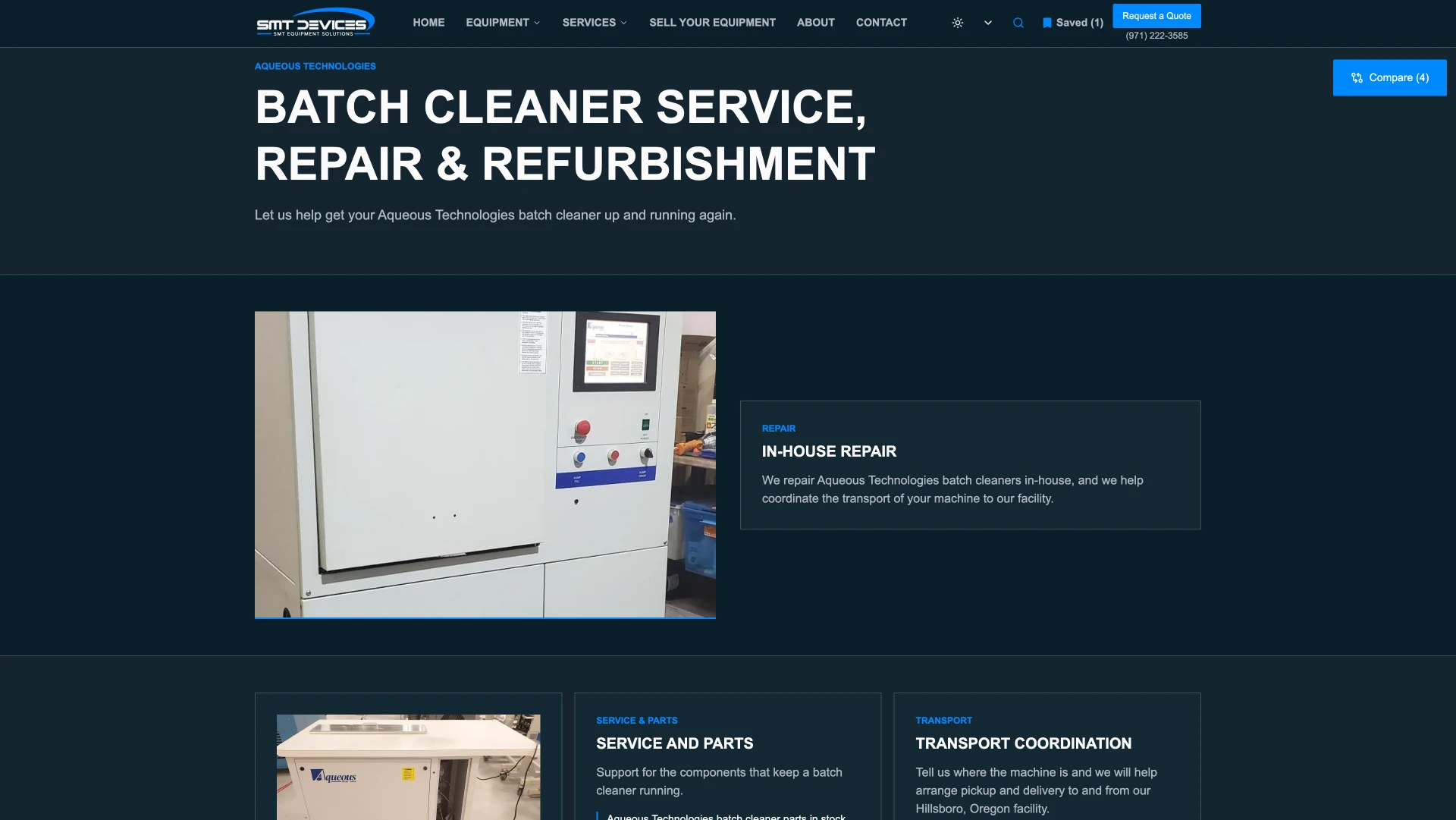 SMT Devices batch cleaner services page after the Revitalized redesign