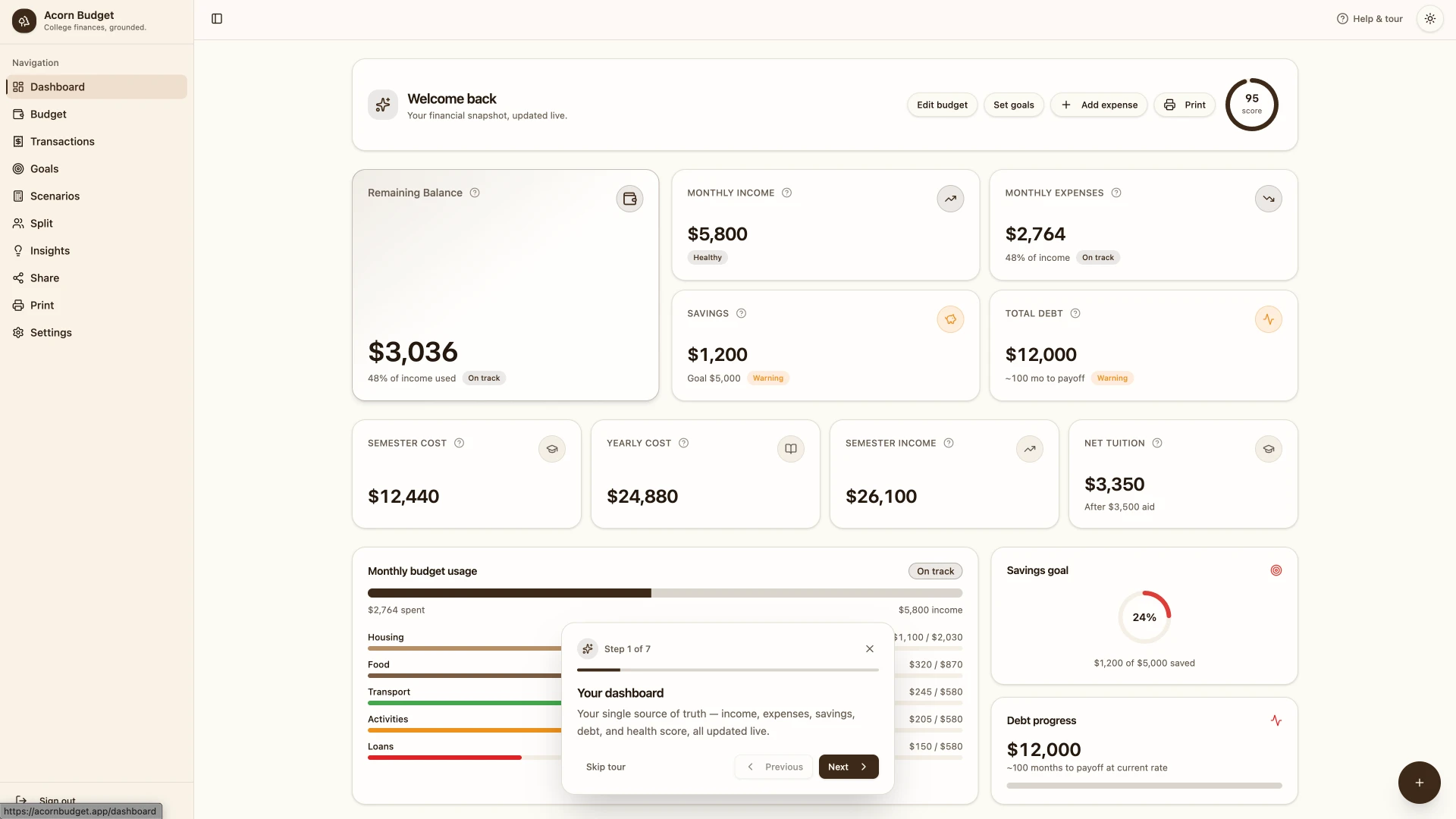 Acorn Budget dashboard designed by Revitalized