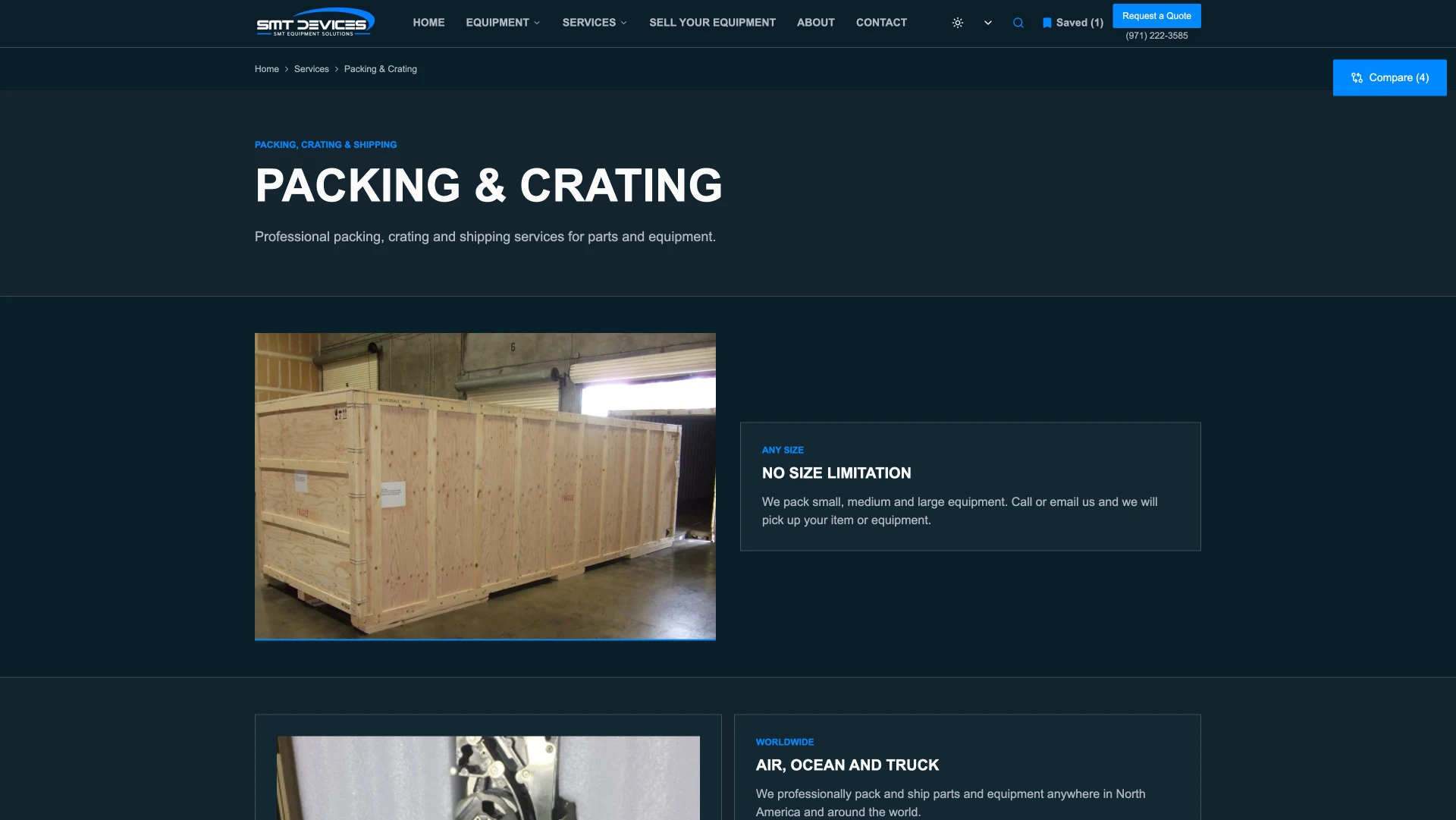 SMT Devices packing and crating page after the Revitalized redesign