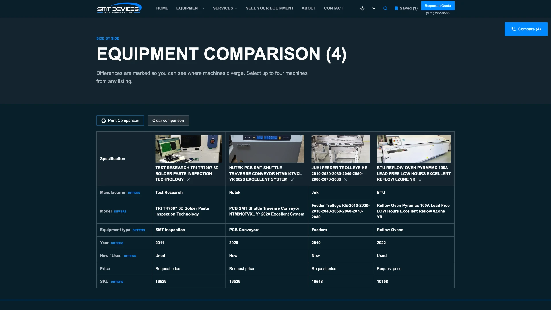 SMT Devices equipment comparison page after the Revitalized redesign